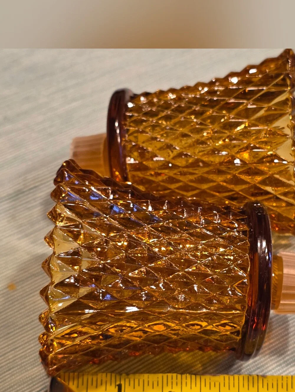 VTG MCM Amber Glass Diamond Point Peg Candle Cups Set Of 2